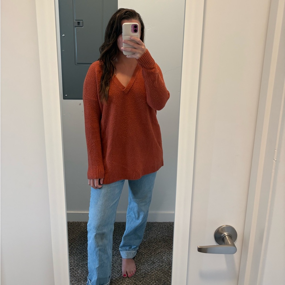 French Connection V-Neck Sweater in Warm Orange